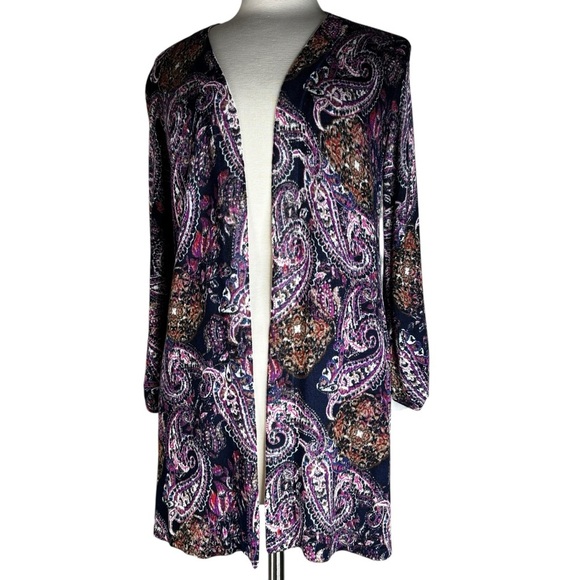 New Purple & Dusk Navy Brushed Paisley Everyday Open Front Cardigan Size Small - Picture 1 of 16